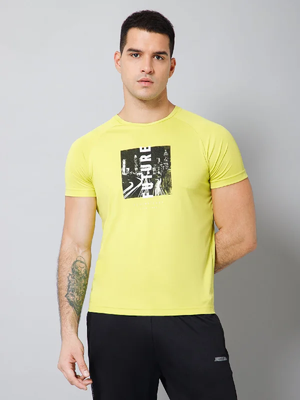 Cantabil Regular Fit Printed Round Neck Half Sleeve Yellow Active Wear T-Shirt for Men