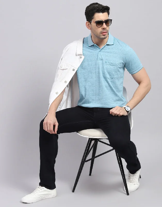 Men Blue Printed Polo Collar Half Sleeve T-Shirt