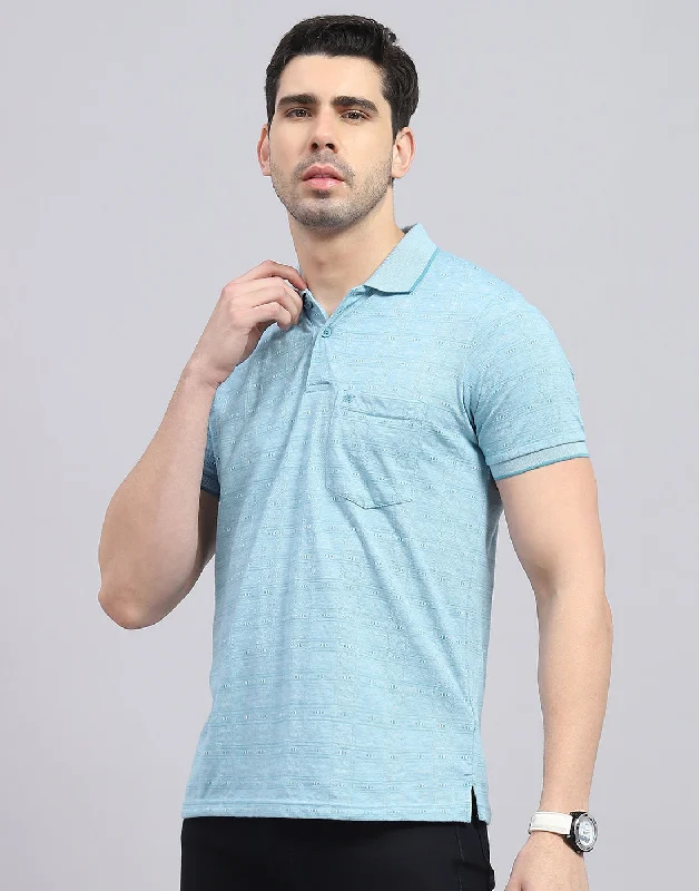 Men Blue Printed Polo Collar Half Sleeve T-Shirt