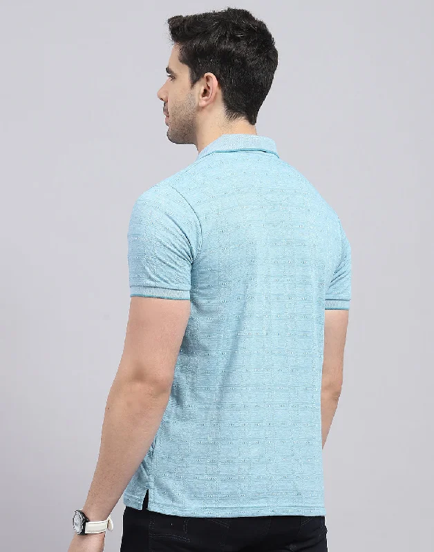 Men Blue Printed Polo Collar Half Sleeve T-Shirt