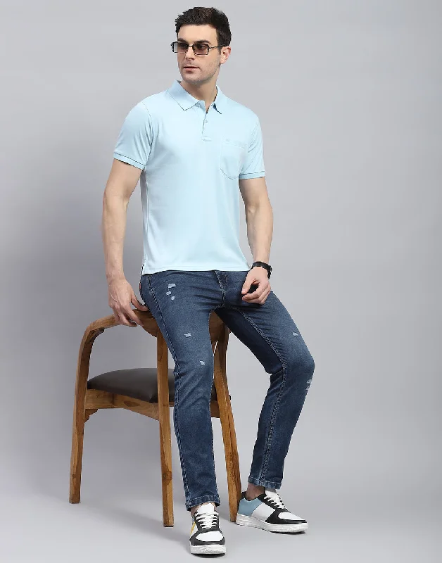 Men Blue Solid Polo Collar Half Sleeve T-Shirt