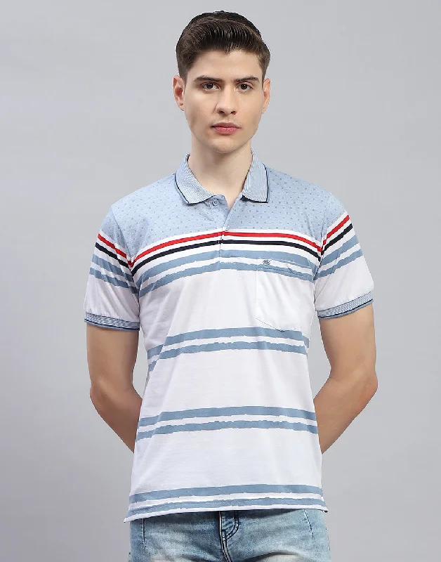 Men Blue Stripe Polo Collar Half Sleeve T-Shirt