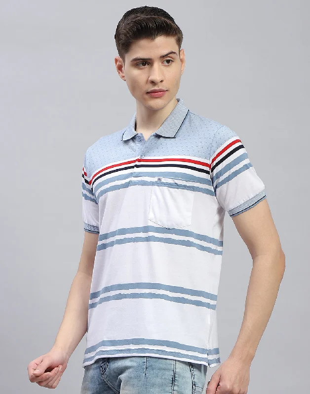 Men Blue Stripe Polo Collar Half Sleeve T-Shirt