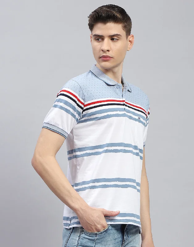 Men Blue Stripe Polo Collar Half Sleeve T-Shirt