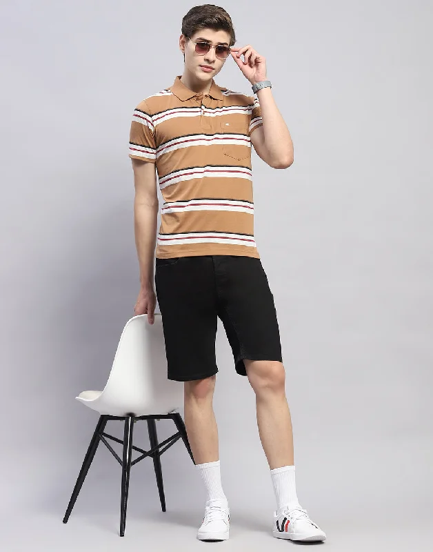 Men Brown Stripe Polo Collar Half Sleeve T-Shirt