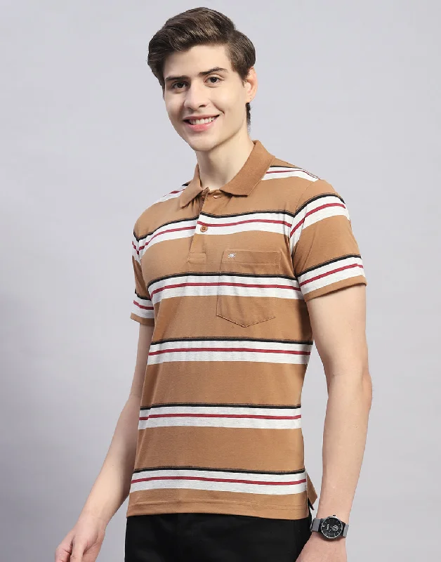 Men Brown Stripe Polo Collar Half Sleeve T-Shirt