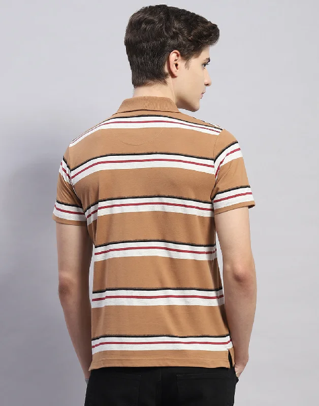 Men Brown Stripe Polo Collar Half Sleeve T-Shirt