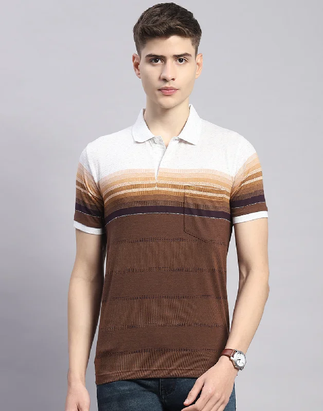 Men Brown Stripe Polo Collar Half Sleeve T-Shirt