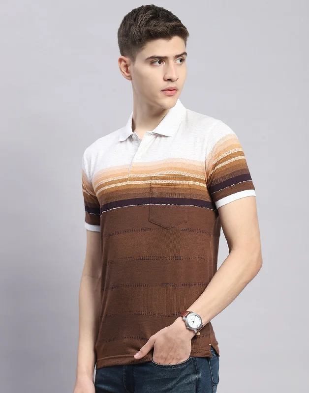 Men Brown Stripe Polo Collar Half Sleeve T-Shirt