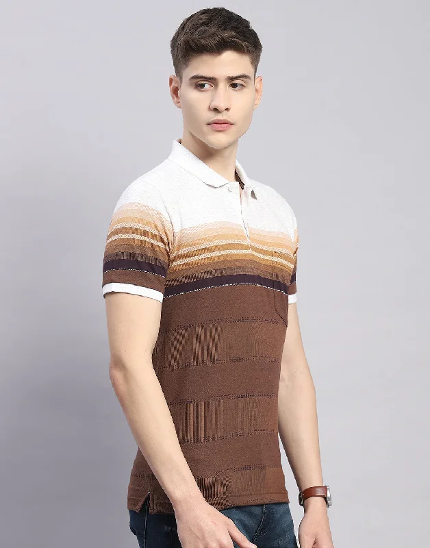 Men Brown Stripe Polo Collar Half Sleeve T-Shirt