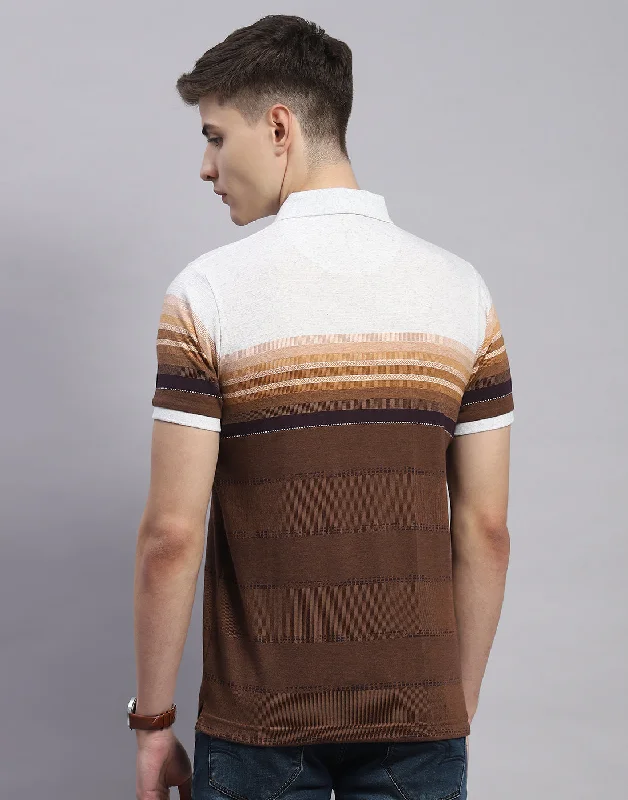 Men Brown Stripe Polo Collar Half Sleeve T-Shirt