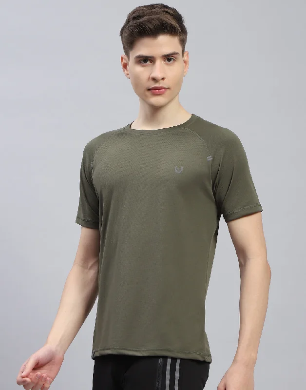 Men Olive Printed Round Neck Half Sleeve T-Shirt