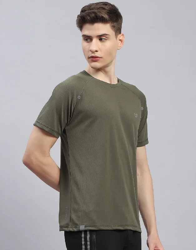 Men Olive Printed Round Neck Half Sleeve T-Shirt