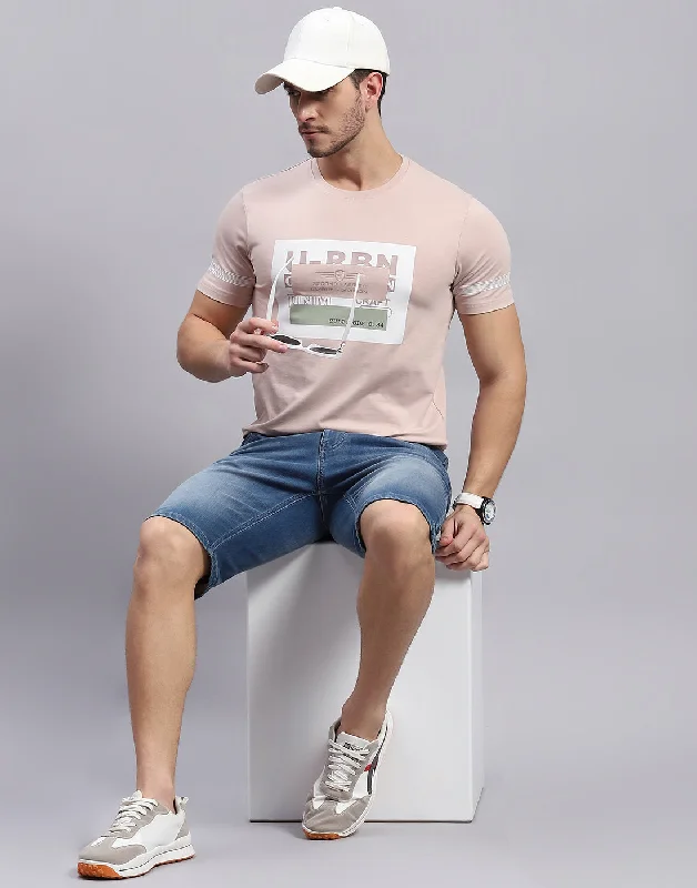 Men Peach Printed Round Neck Half Sleeve T-Shirt