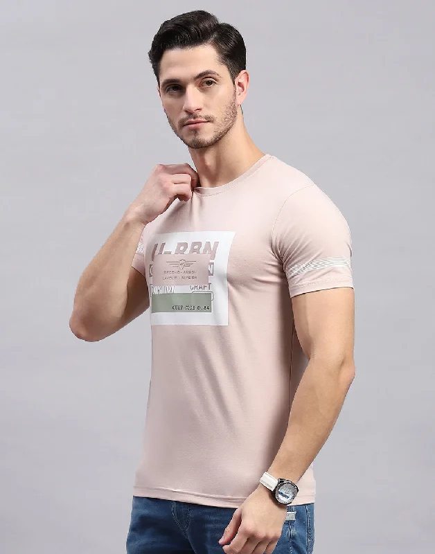 Men Peach Printed Round Neck Half Sleeve T-Shirt