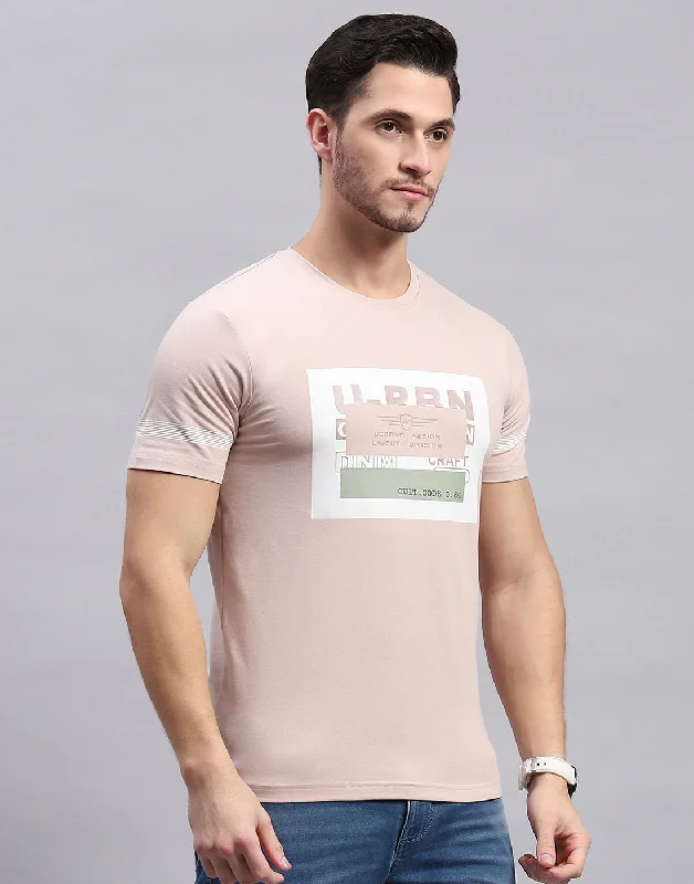 Men Peach Printed Round Neck Half Sleeve T-Shirt