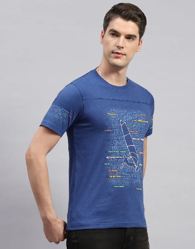 Men Royal Blue Printed Round Neck Half Sleeve T-Shirt