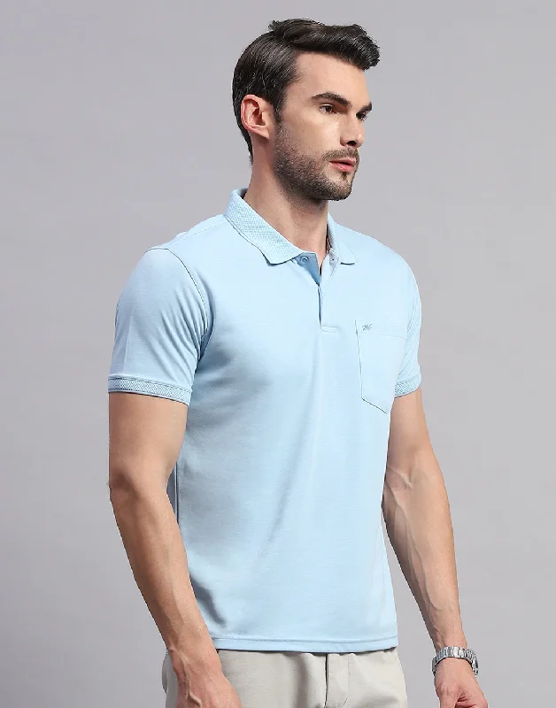 Men Sky Blue Solid Polo Collar Half Sleeve T-Shirt