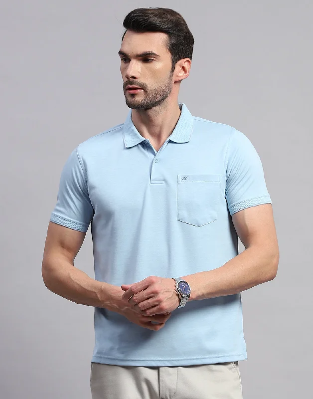 Men Sky Blue Solid Polo Collar Half Sleeve T-Shirt