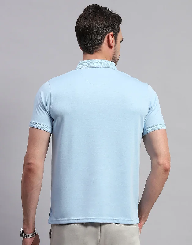 Men Sky Blue Solid Polo Collar Half Sleeve T-Shirt