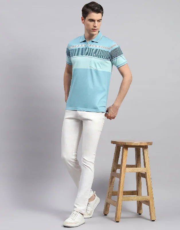 Men Sky Blue Stripe Polo Collar Half Sleeve T-Shirt