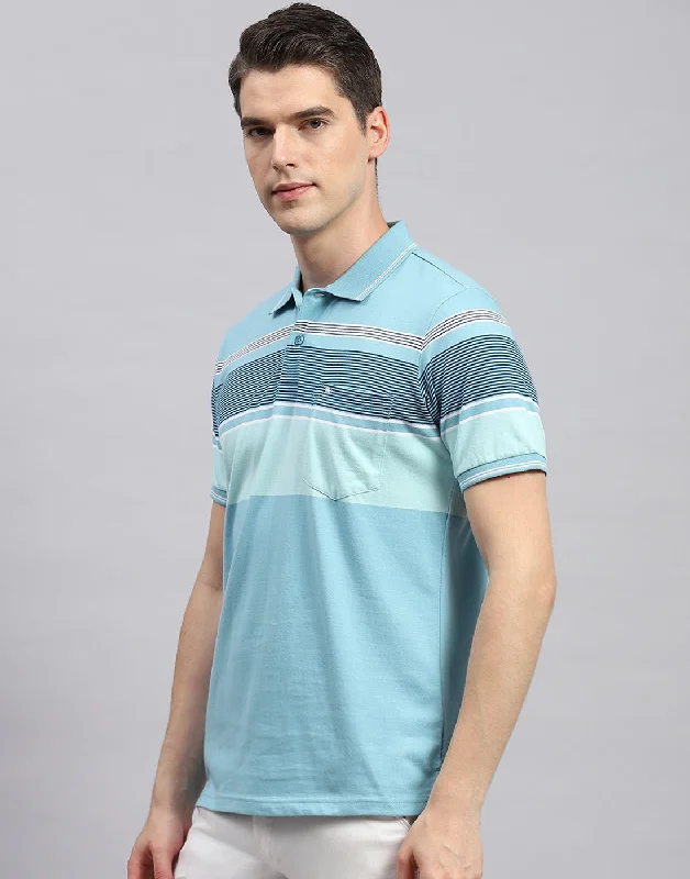 Men Sky Blue Stripe Polo Collar Half Sleeve T-Shirt