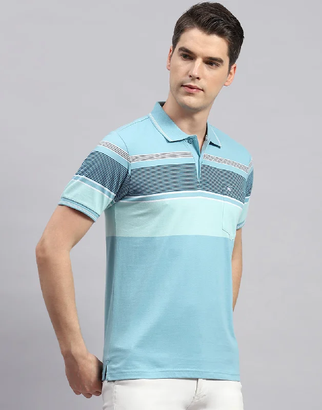 Men Sky Blue Stripe Polo Collar Half Sleeve T-Shirt