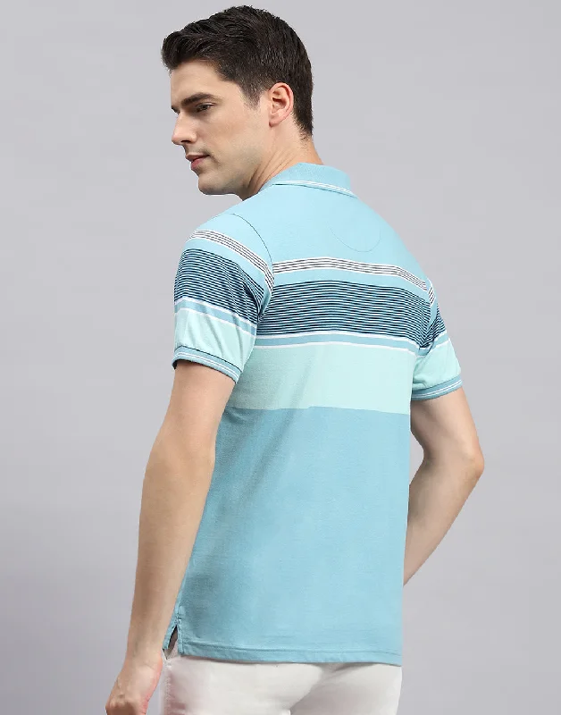 Men Sky Blue Stripe Polo Collar Half Sleeve T-Shirt