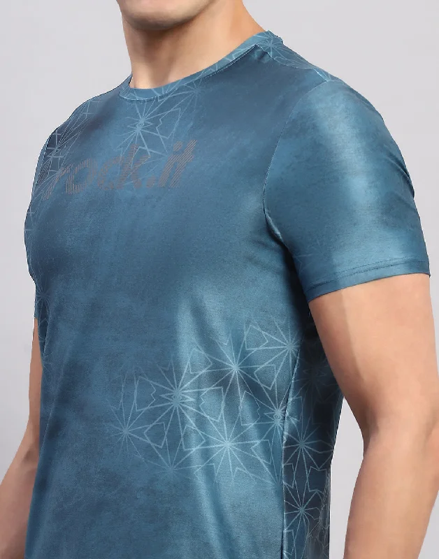 Men Teal Blue Printed Round Neck Half Sleeve T-Shirt