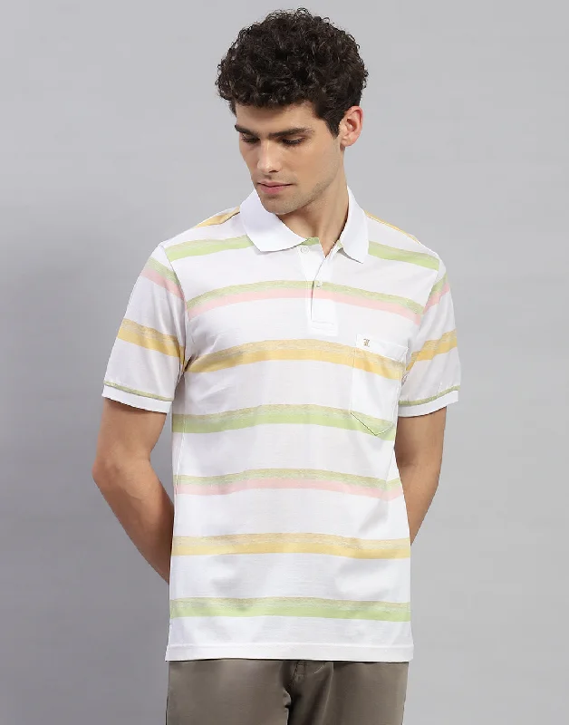 Men White Stripe Polo Collar Half Sleeve T-Shirt