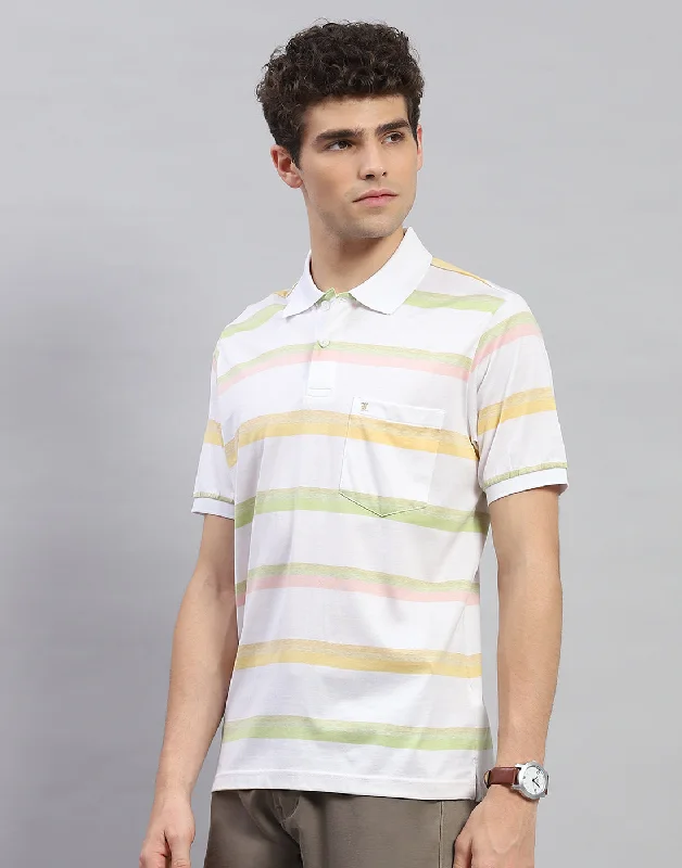 Men White Stripe Polo Collar Half Sleeve T-Shirt