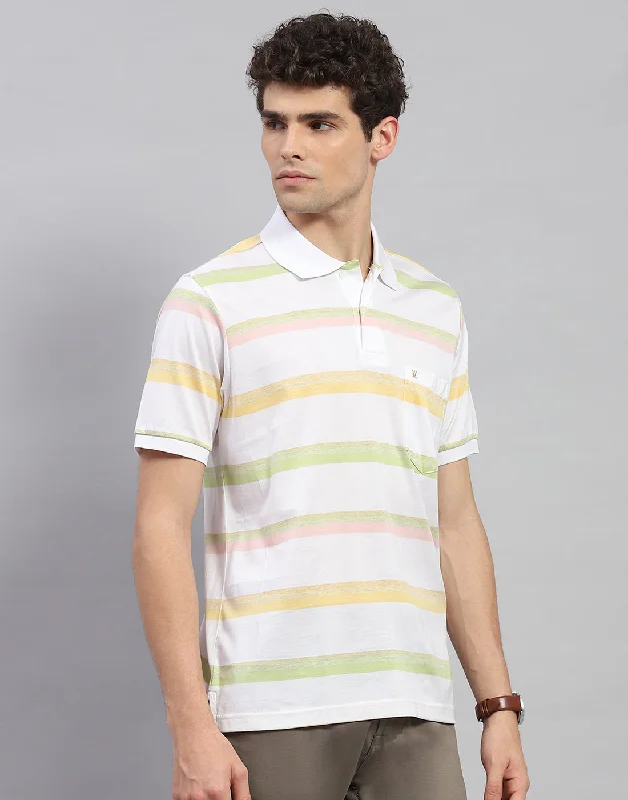 Men White Stripe Polo Collar Half Sleeve T-Shirt