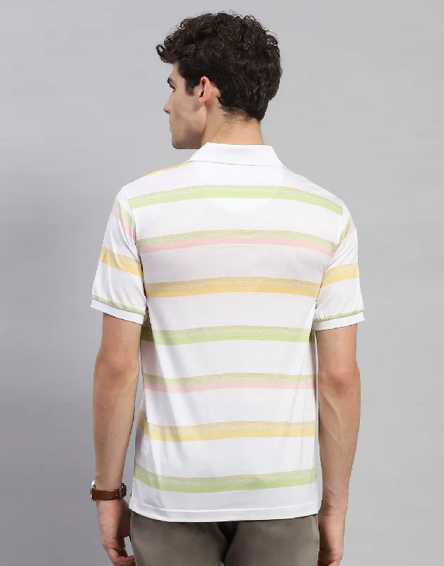 Men White Stripe Polo Collar Half Sleeve T-Shirt