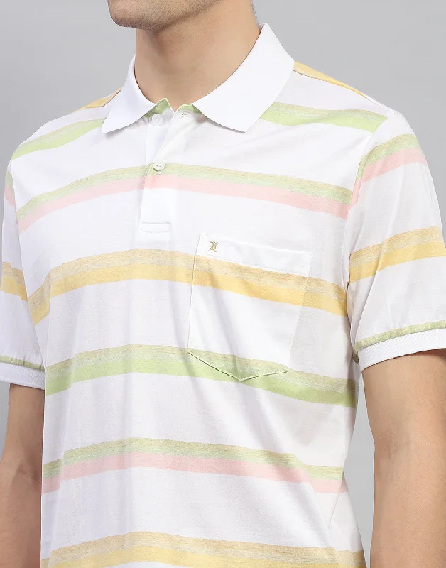 Men White Stripe Polo Collar Half Sleeve T-Shirt