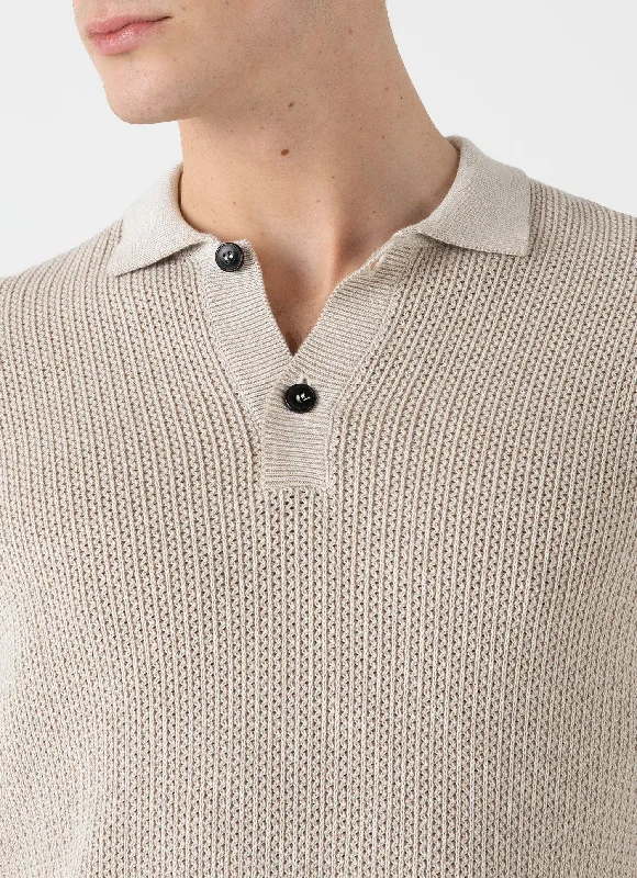 Men's Textured Knit Polo Shirt in Ecru