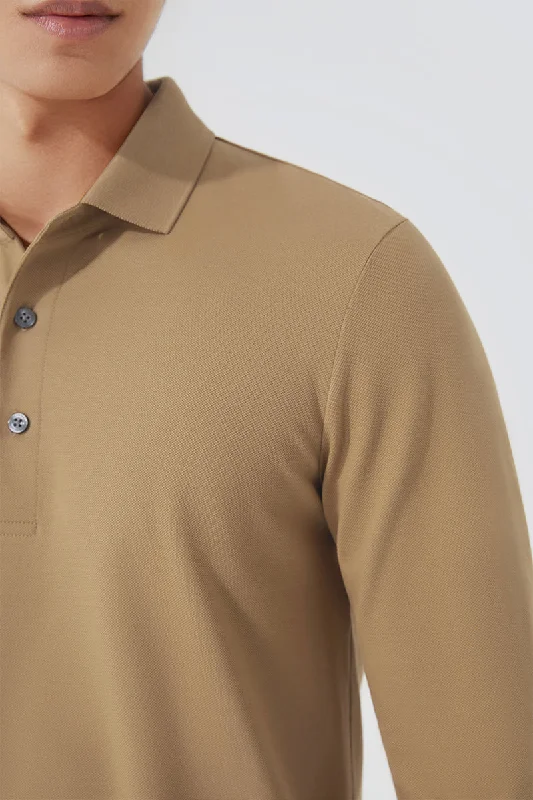 VISDRY™ Pique Long Sleeve Polo | Khaki KE0178