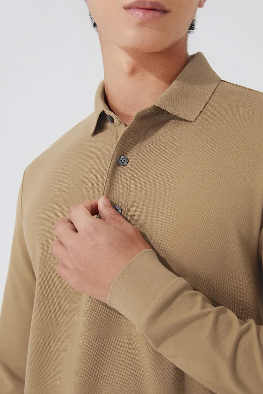 VISDRY™ Pique Long Sleeve Polo | Khaki KE0178