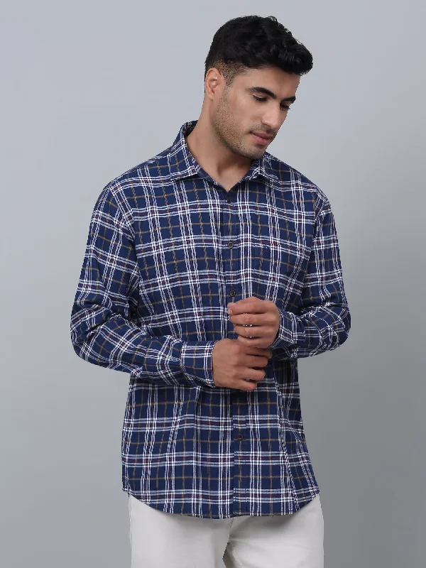 Cantabil Cotton Checkered Full Sleeve Regular Fit Navy Blue Casual Shirt for Men with Pocket