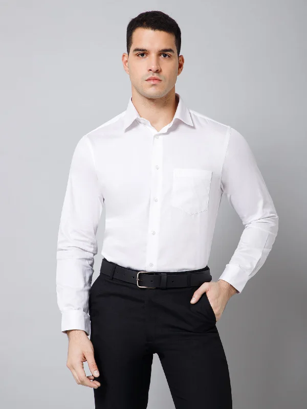 Cantabil Cotton Solid Full Sleeve Regular Fit White Party Wear Shirt for Men with Pocket