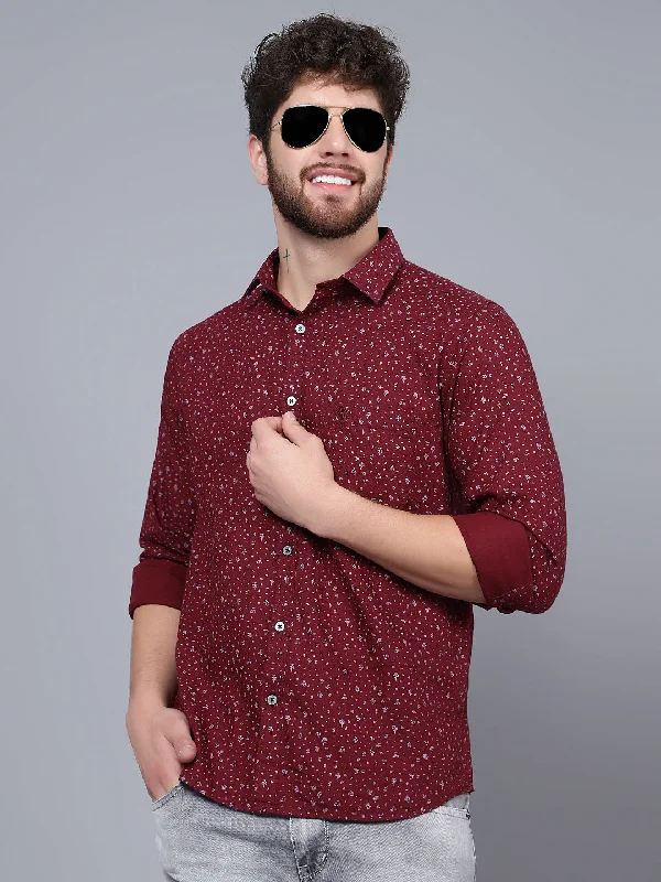 Cantabil Cotton Printed Maroon Full Sleeve Casual Shirt for Men with Pocket