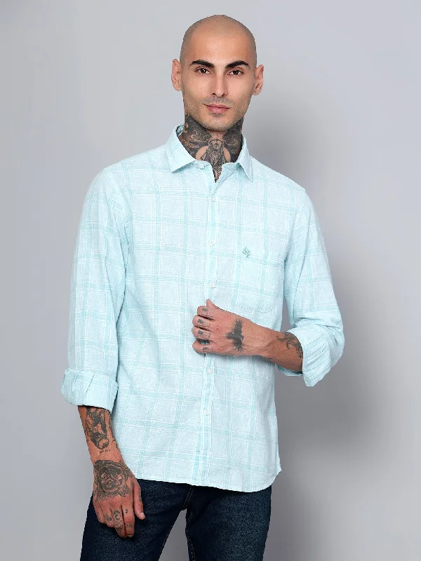 Cantabil Men Mint Blue Checkered Full Sleeves Casual Shirt