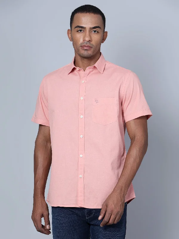 Cantabil Cotton Solid Pink Half Sleeve Casual Shirt for Men with Pocket