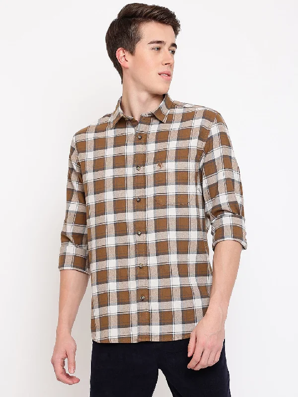 Cantabil Cotton Checkered Brown Full Sleeve Casual Shirt for Men with Pocket