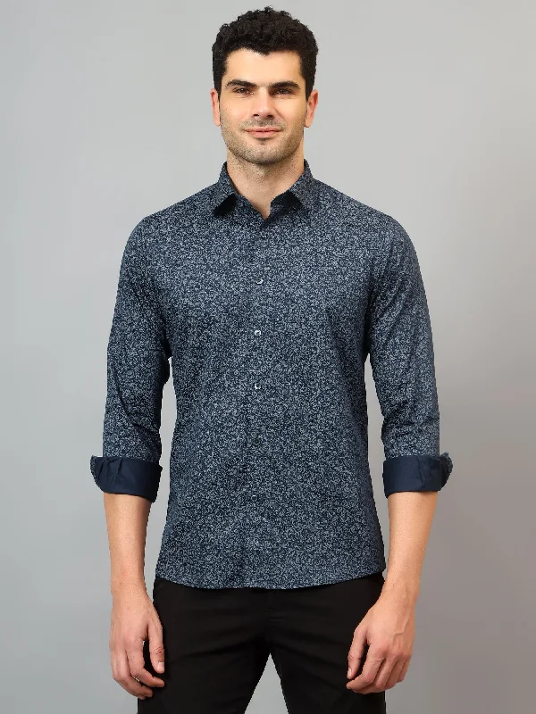 Cantabil Men's Navy Blue Printed Full Sleeves Party Shirt