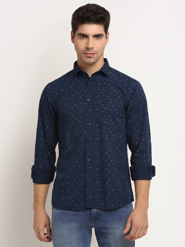 Cantabil Men Cotton Printed Navy Blue Full Sleeve Casual Shirt for Men with Pocket