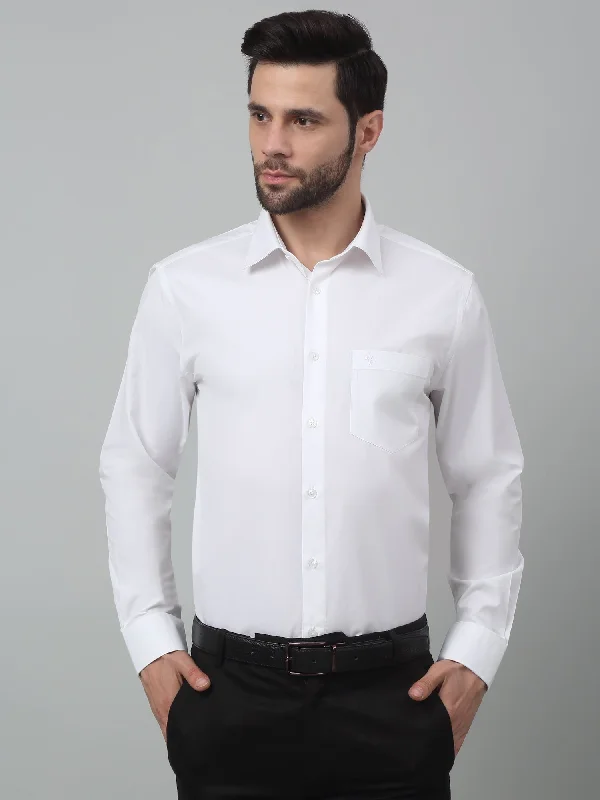 Cantabil White Solid Cotton Blend Full Sleeve Formal Shirt for Men with Pocket