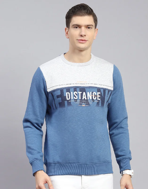 Men Blue Printed Round Neck Full Sleeve Sweatshirt