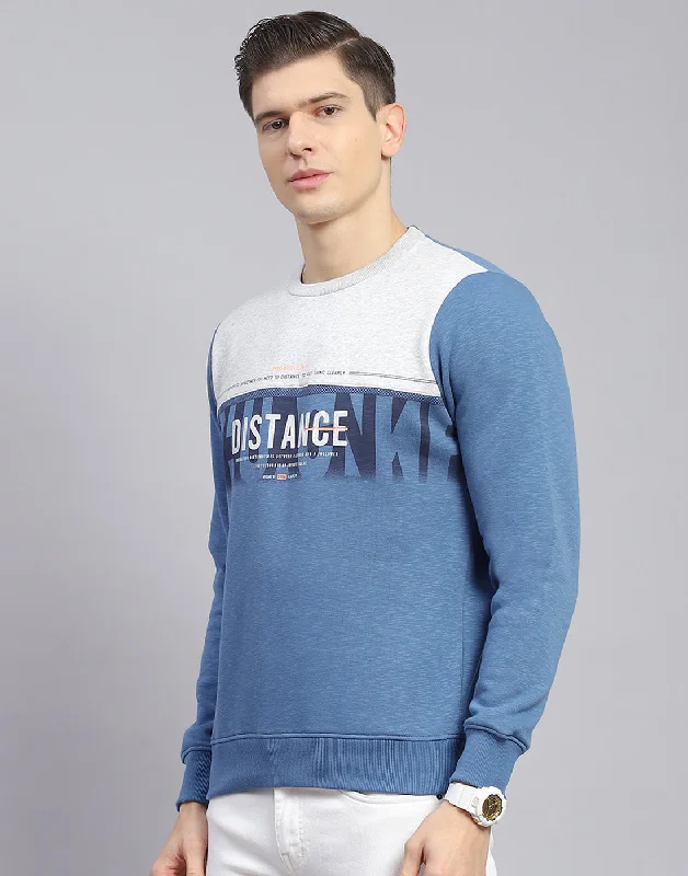 Men Blue Printed Round Neck Full Sleeve Sweatshirt