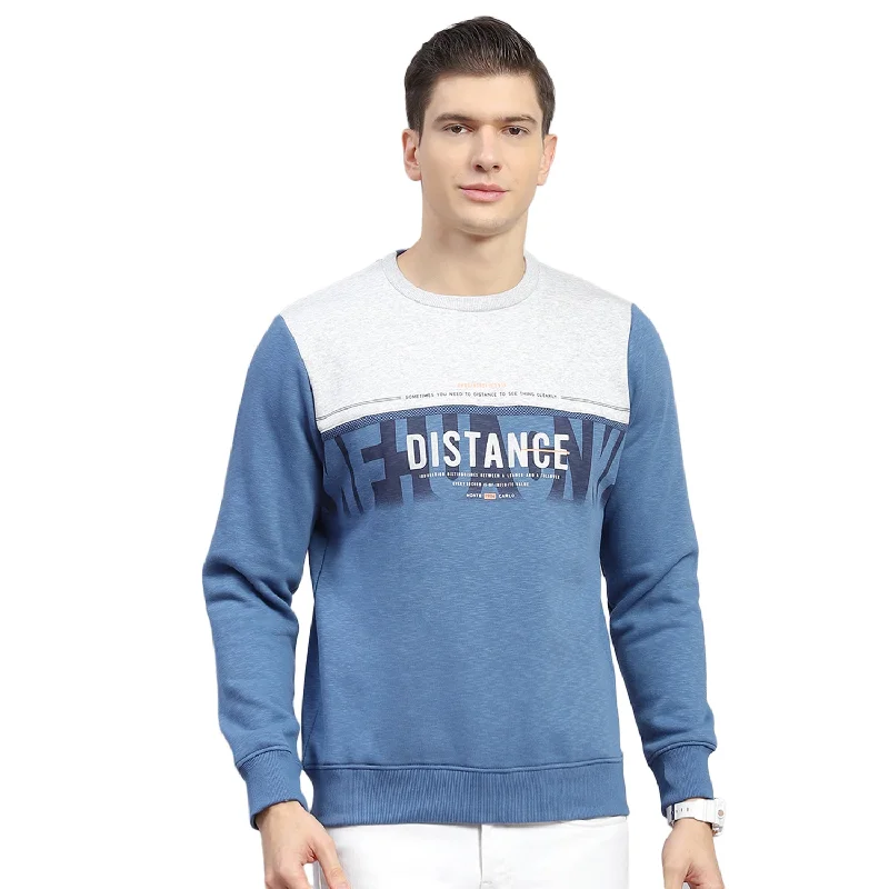 Men Blue Printed Round Neck Full Sleeve Sweatshirt