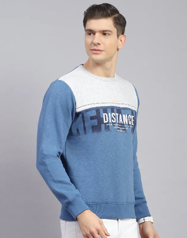 Men Blue Printed Round Neck Full Sleeve Sweatshirt